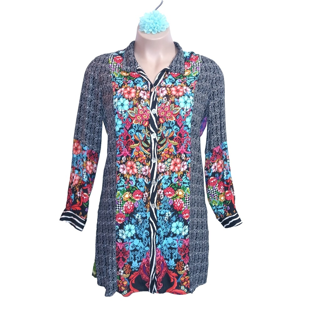 John Mark Women Mixed Print Button Up Tunic Shirt L Black Floral Geo Patchwork